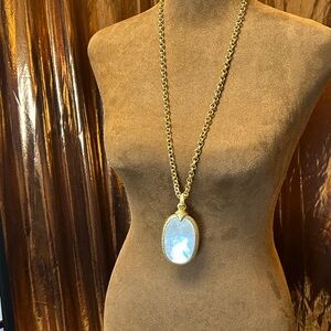 Jose and Maria Barrera designed Long mother Pearl gold chain statement necklace